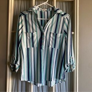 Joie de Vivre Striped Blue and Green Buttondown Women's Blouse